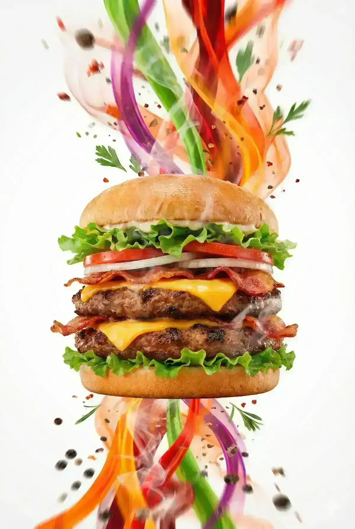 Dynamic flavor wave composition of [FOOD], with colorful energy ribbons, mist, and motion streaks bursting outward to represent taste intensity