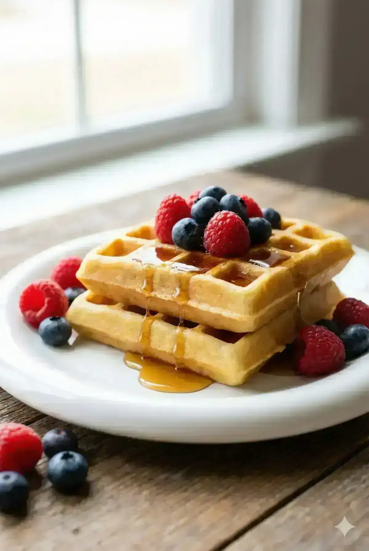 Eye-level food image,two golden Belgian waffles on a plump white plate,topped with fresh raspberries and blueberries