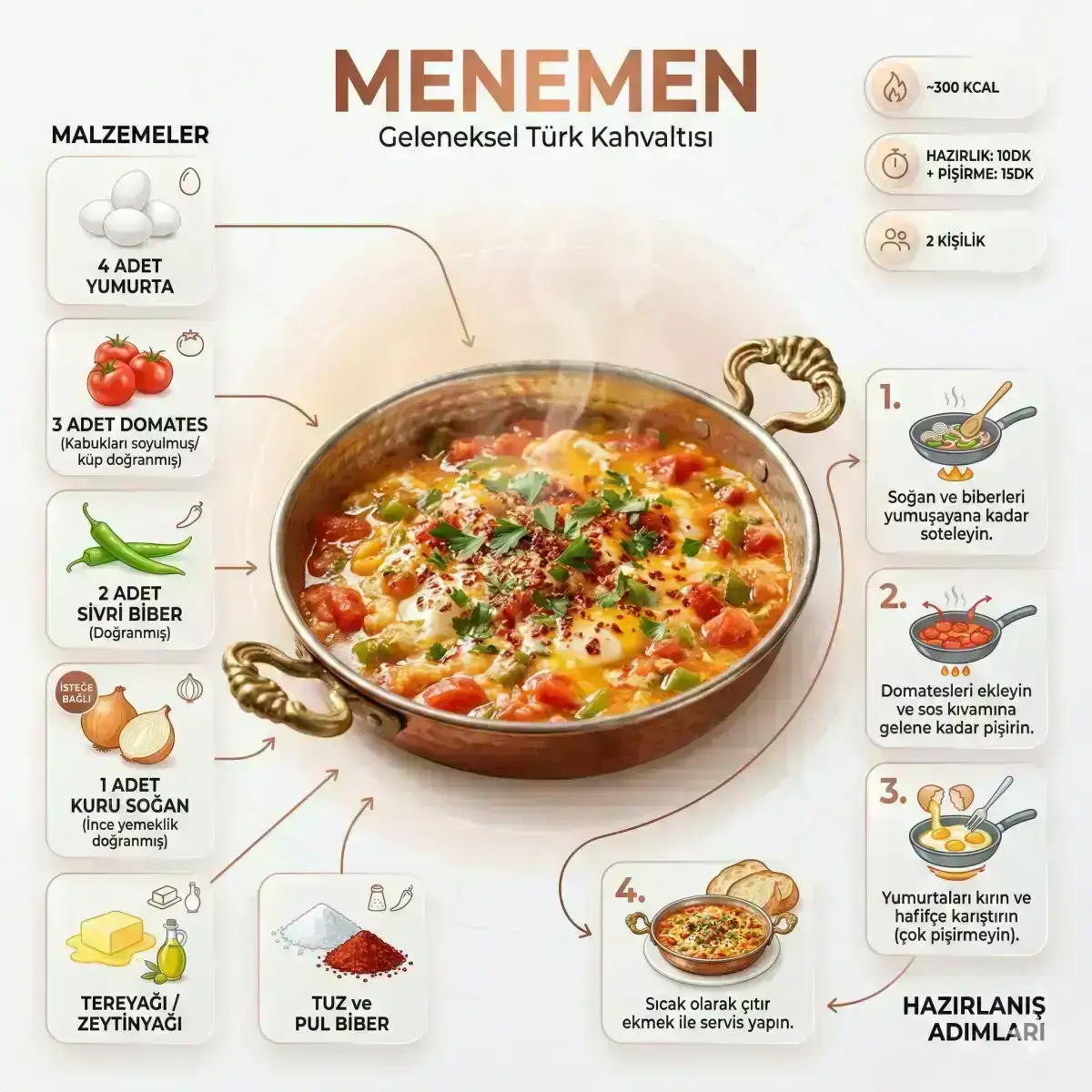 Feature Menemen (traditional Turkish breakfast dish with juicy tomatoes, green peppers, and eggs) served in a classic copper pan (sahan) as the main hero visual.