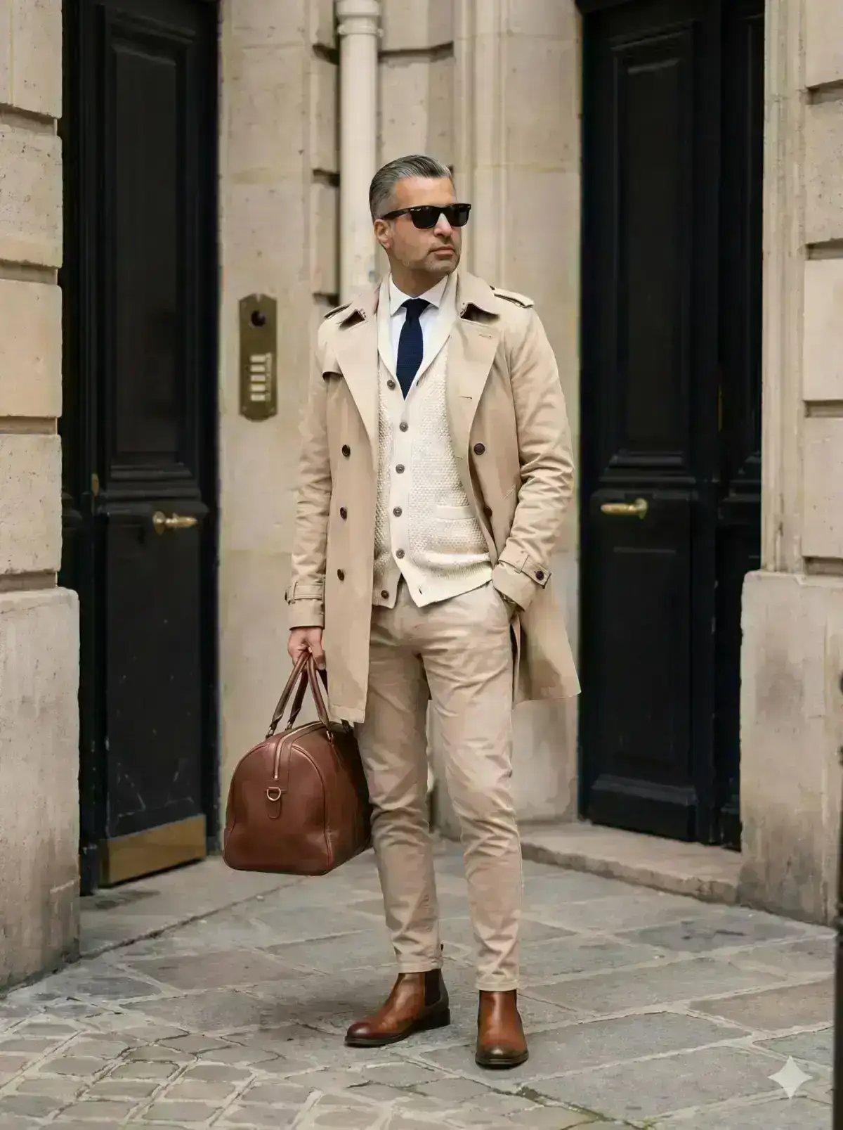 stylish European street portrait of a handsome man standing on a cobblestone sidewalk beside a classic stone building with a black wooden door