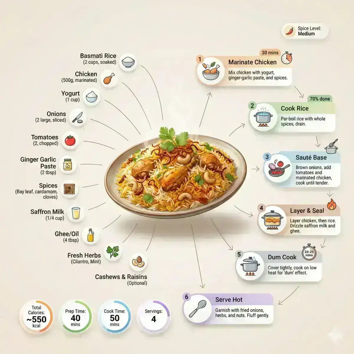 Ultra-clean modern recipe infographic. Showcase briyani in a visually appealing finished form sliced, plated