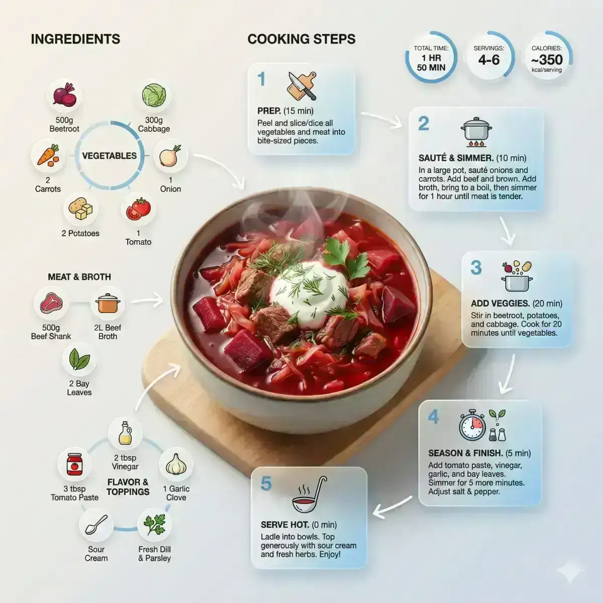 modern recipe infographic. Feature Borscht (rich ruby-red borscht in a deep bowl, topped with sour cream and fresh herbs