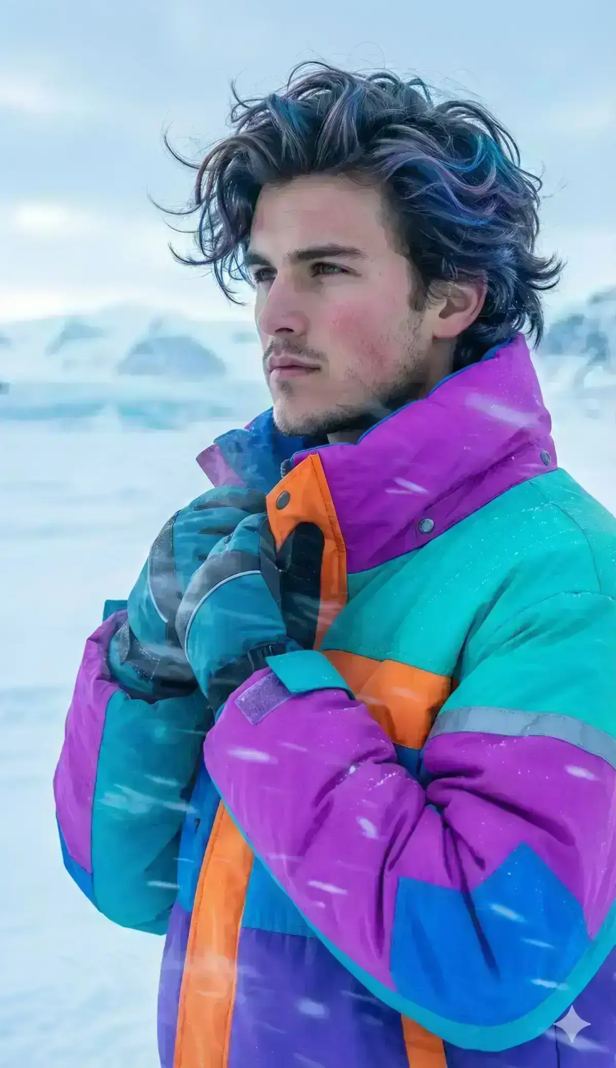 portrait of a young man in a vast arctic region, endless snowfields, icy mountains in the distance, blowing snow and frozen mist