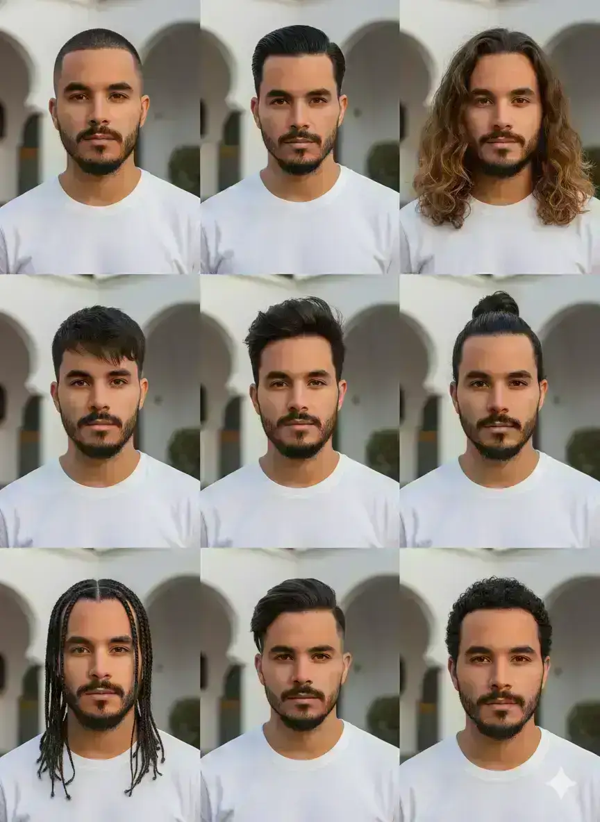 Aesthetic 3x3 collage portrait showcasing different men's hairstyles