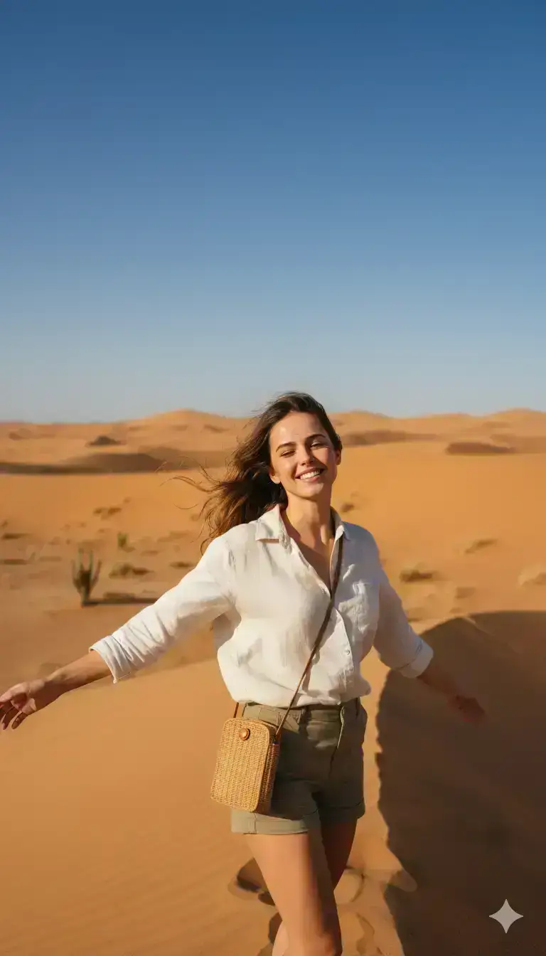 playful travel photograph set in a vast desert landscape under a completely clear blue sky.
