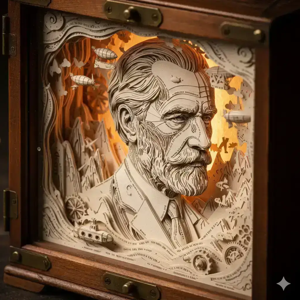 3D isometric paper-cut diorama inside a vintage wooden box
