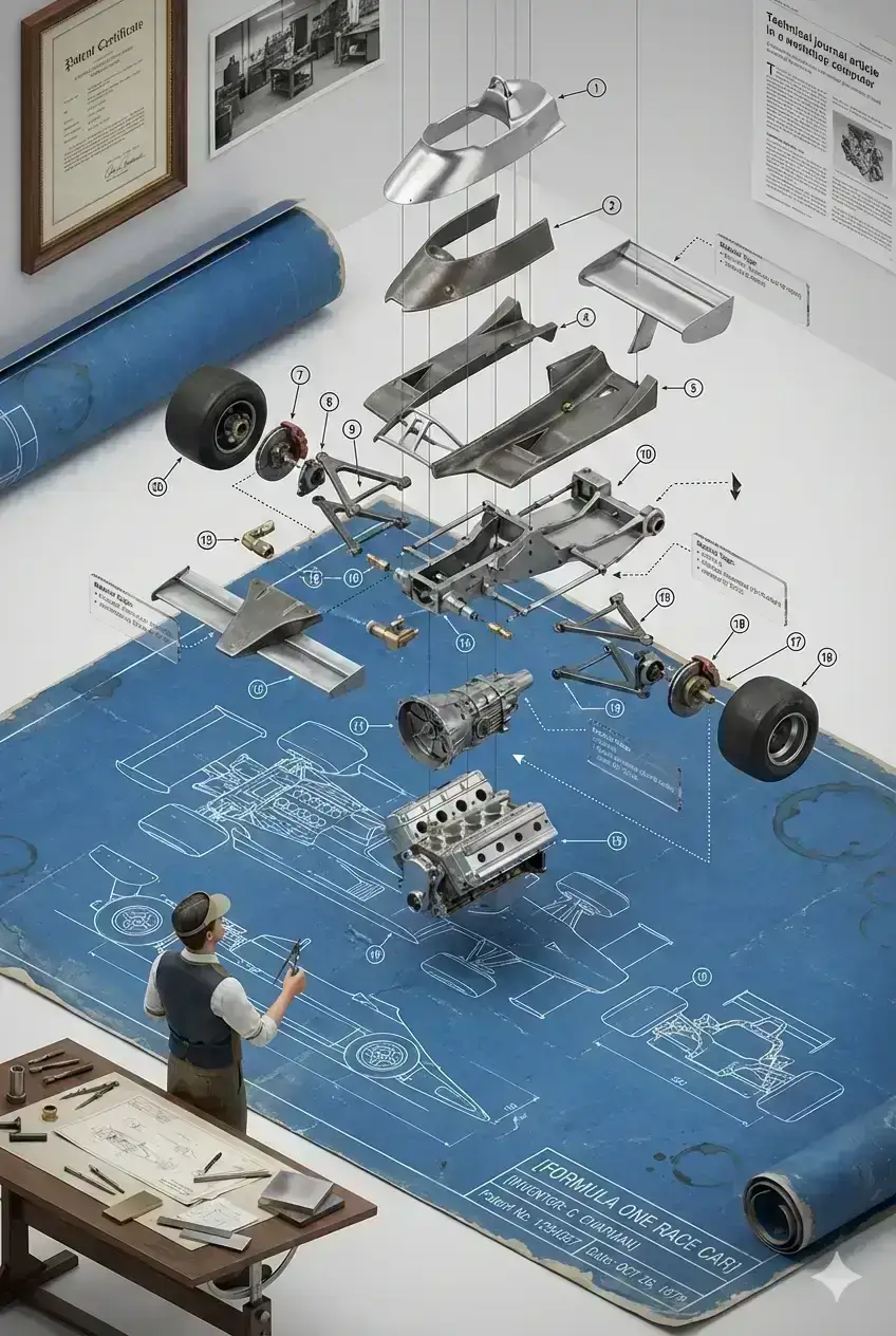  schematic where physical miniature components float in precise geometric arrangement above an architectural blueprint surface.