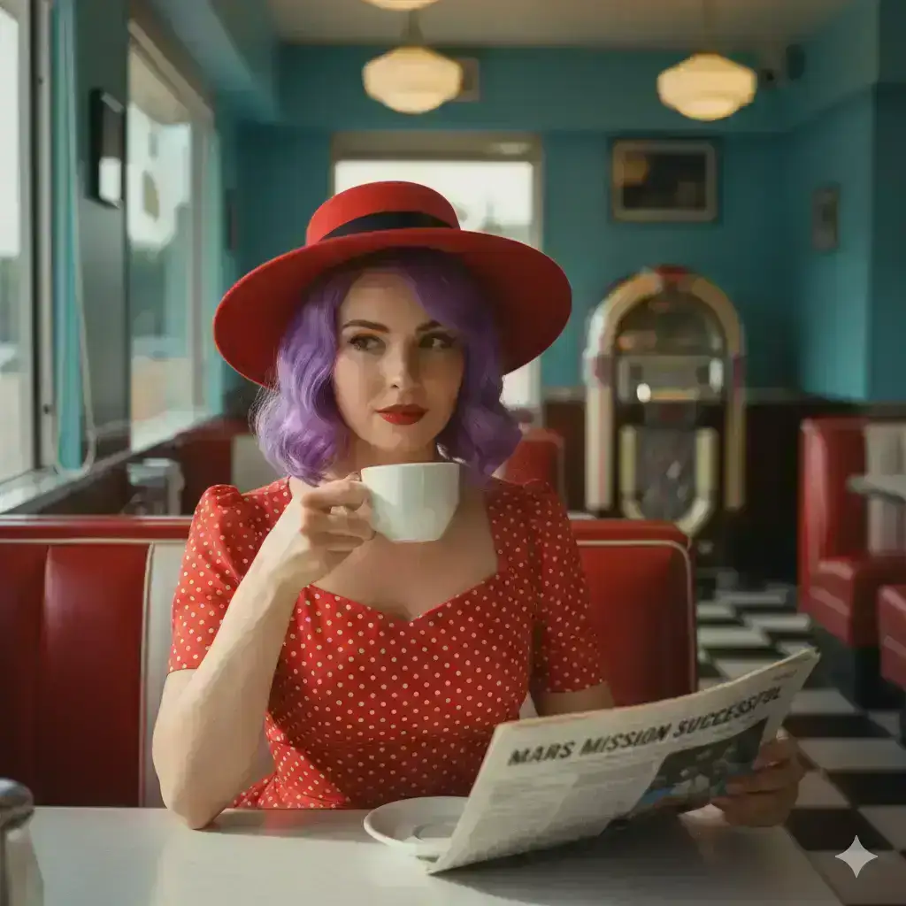 portrait of a woman sitting inside a retro 1950s-style diner during morning hours