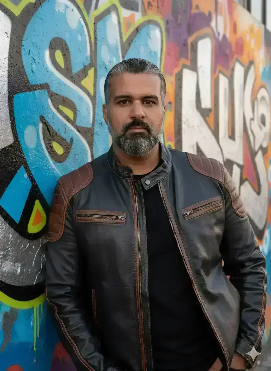 Man with Leather Jacket Against Graffiti