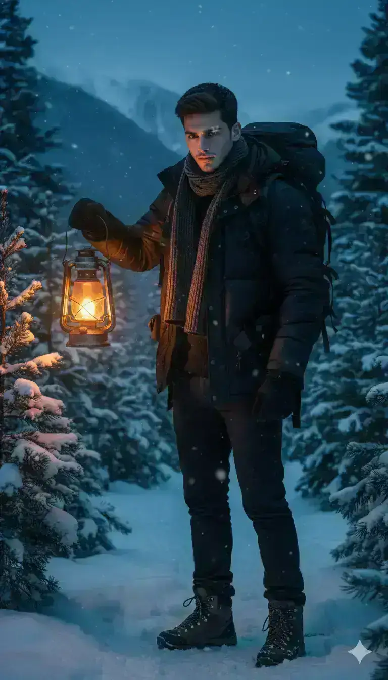 A cinematic winter portrait of a handsome man standing in a snowy pine forest at blue hour, wearing a dark padded jacket, wool scarf, gloves, and boots