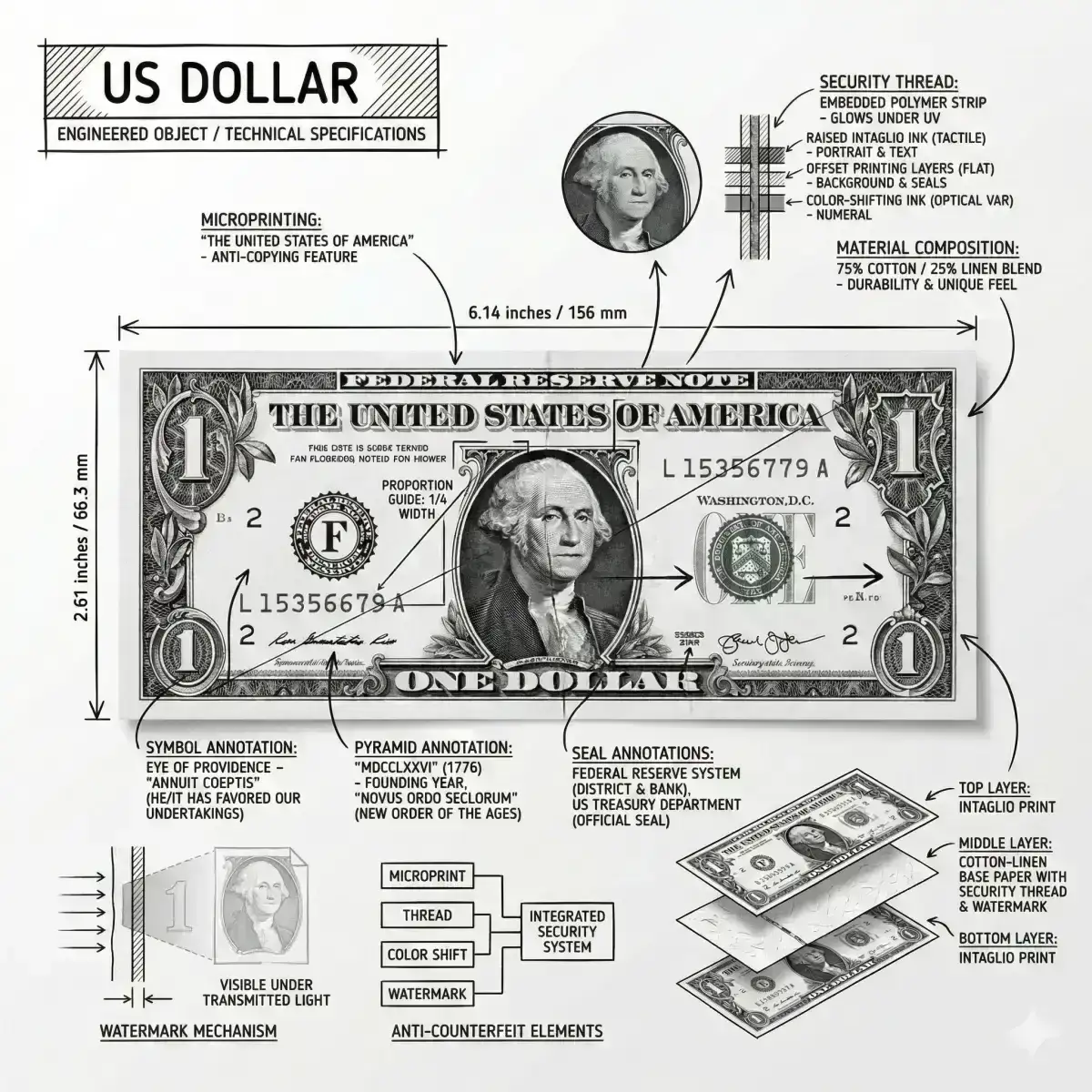  infographic of the US Dollar banknote, treated as an engineered object.