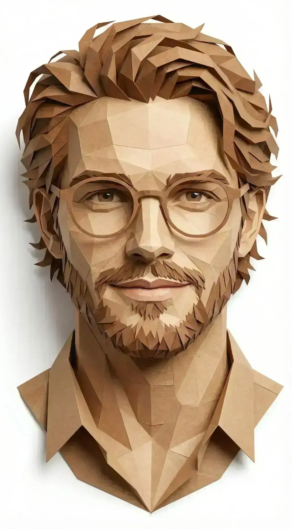 digital papercraft portrait of a young man, geometric low-poly paper sculpture style