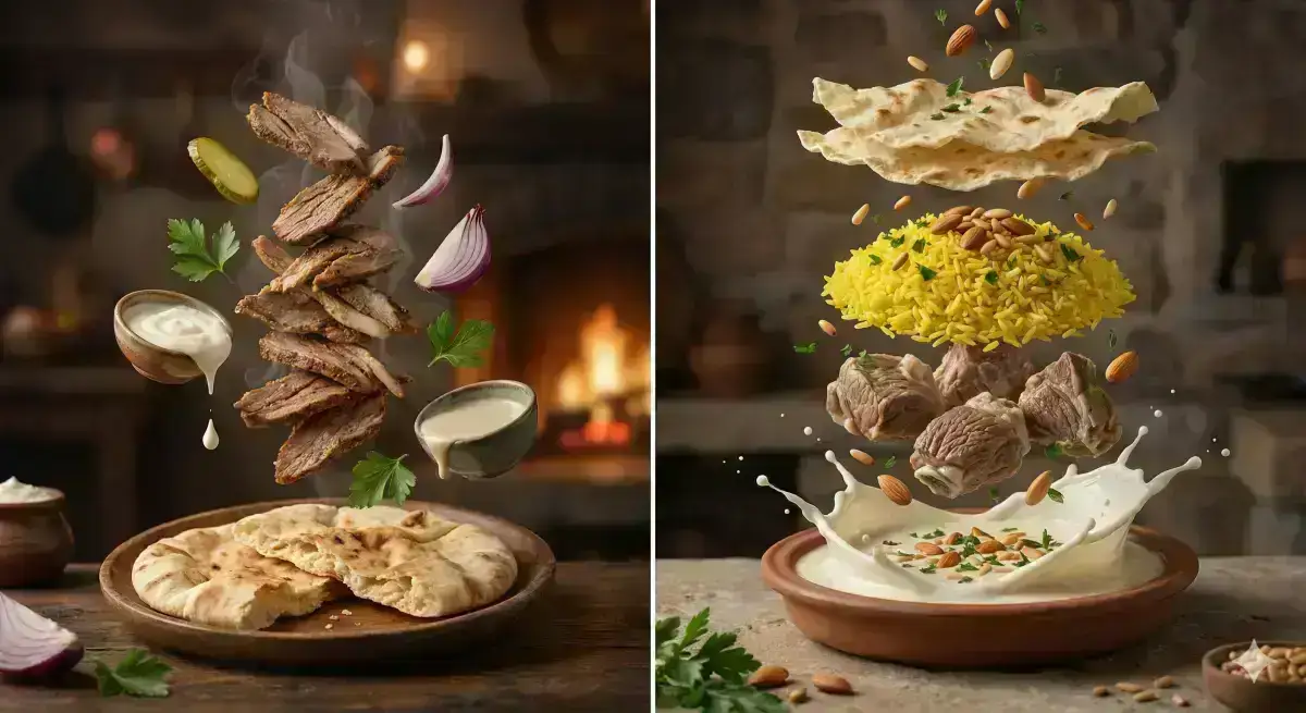 Hyper-realistic cinematic food photography of deconstructed Middle Eastern cuisine