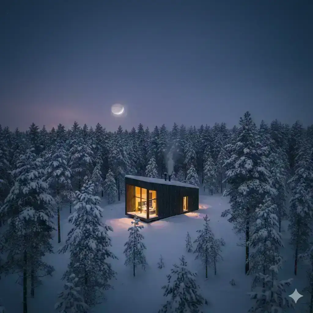 a cabin in the forest minimalist portraits, drone footage