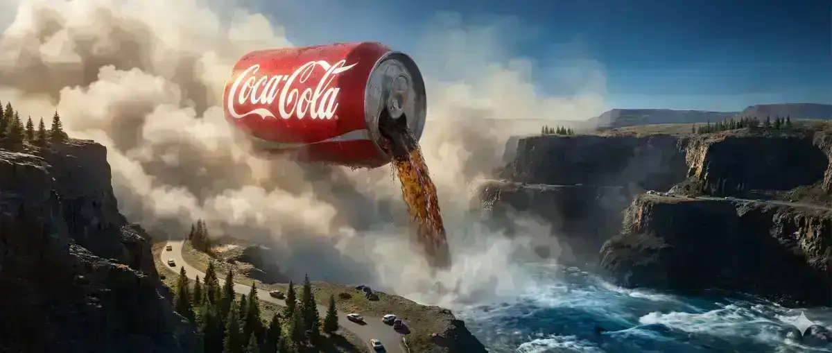 Coca-Cola can pours cola like a roaring water- fall into a deep canyon.
