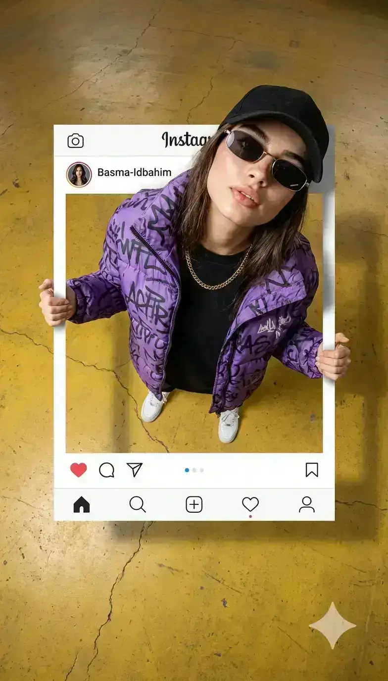 breaking out of an Instagram post frame. Standing pose, both hands holding frame edges, upper body outside frame 