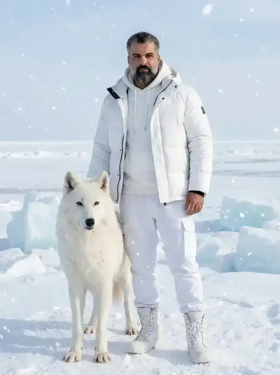 The Guardian of the Frozen Frontier: An Arctic Wanderer and His Giant White Wolf Companion Standing Resolute Amidst the Shattered Ice