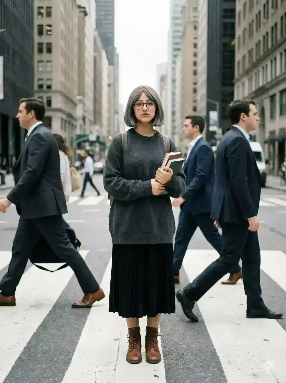  street photography shot of a young woman standing still in the middle of a busy city crosswalk during rush hour