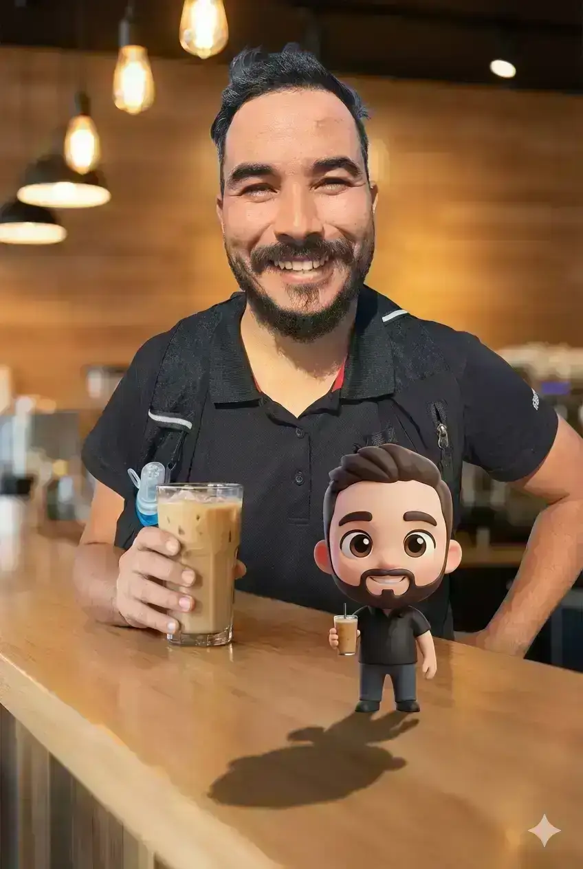 A young man sitting casually at a modern café