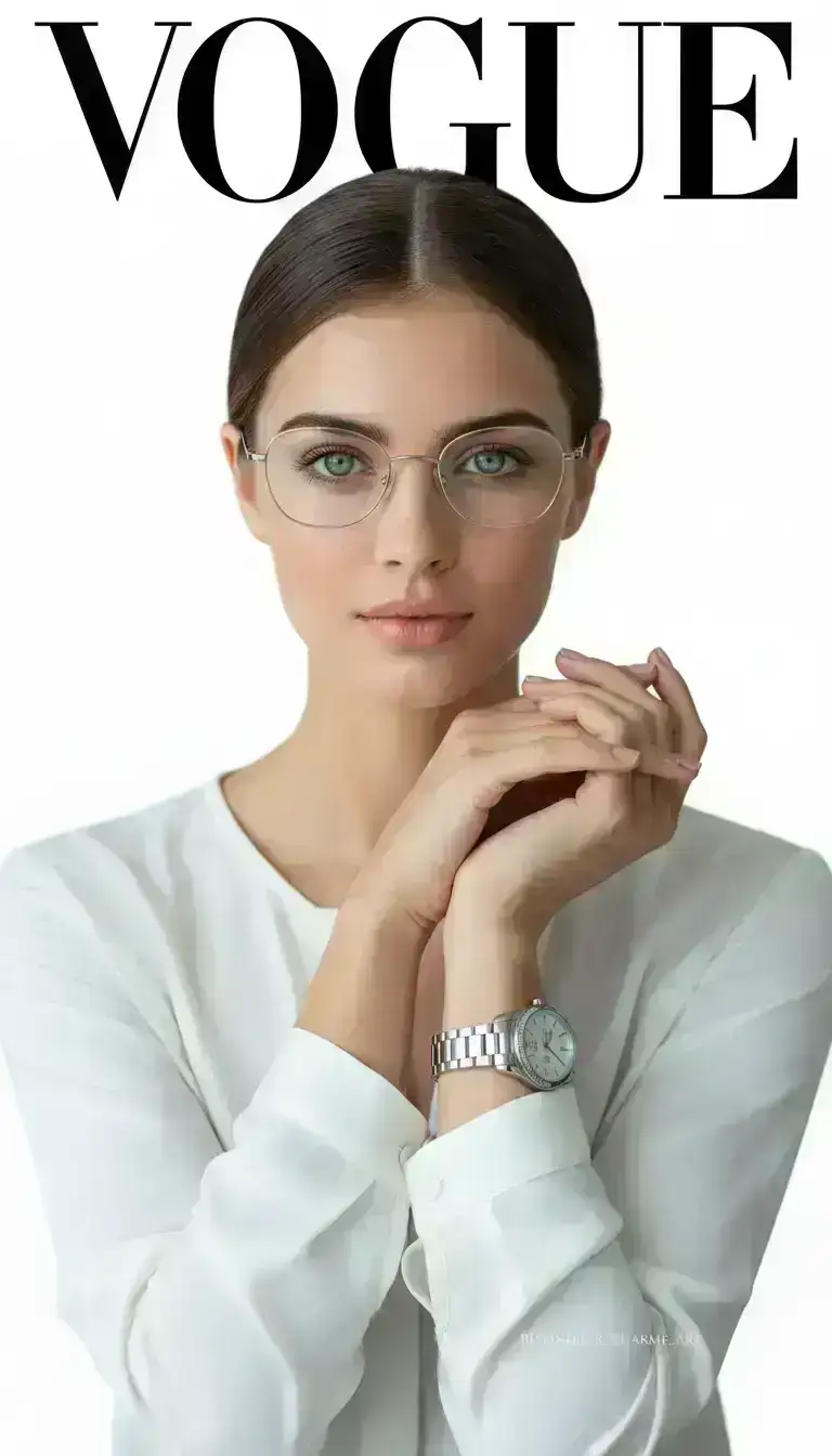 professional fashion editorial photograph of a sophisticated woman with a sleek, center-parted bun