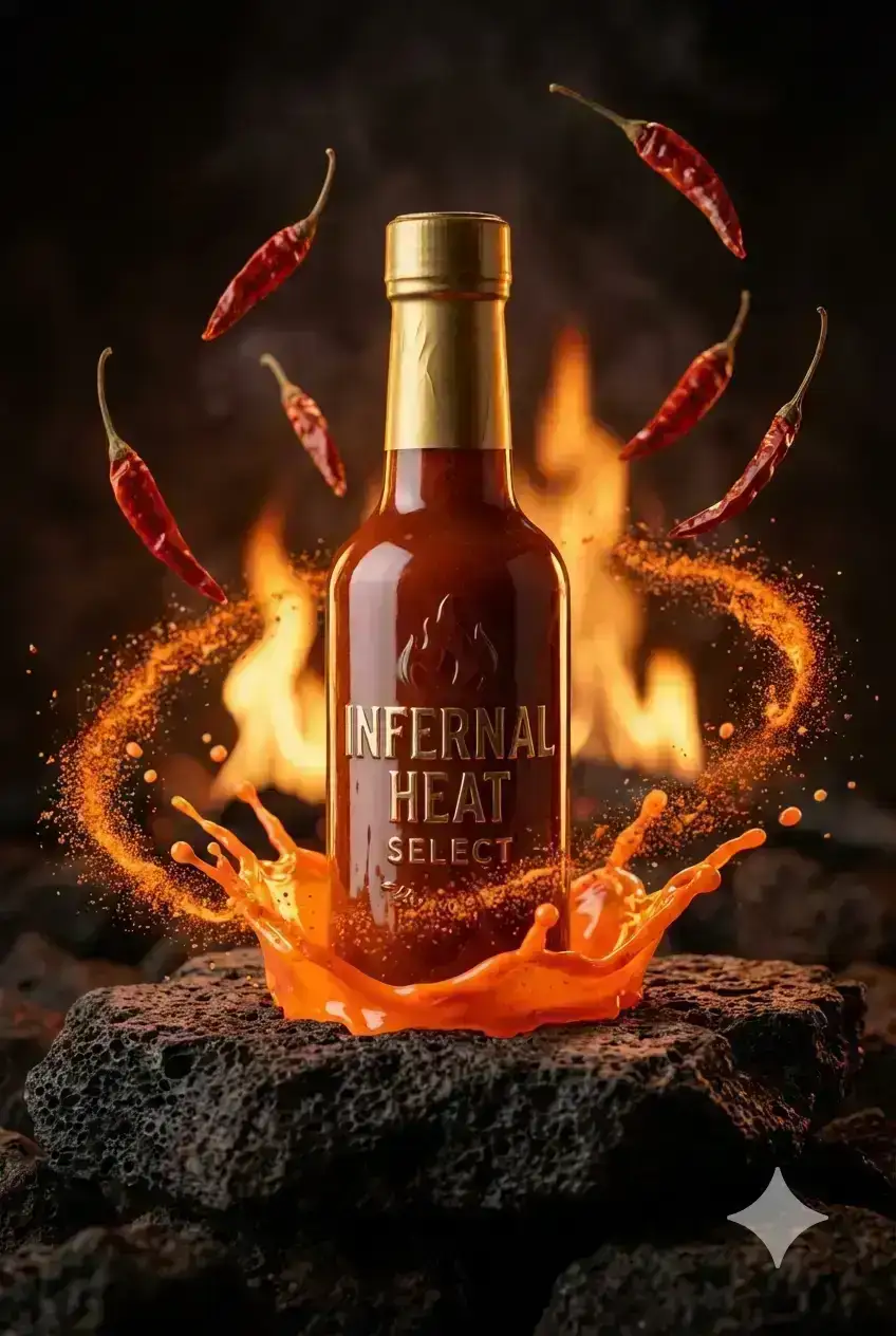 premium hot sauce bottle labeled “Infernal Heat Select”, centered on dark volcanic rock surface,