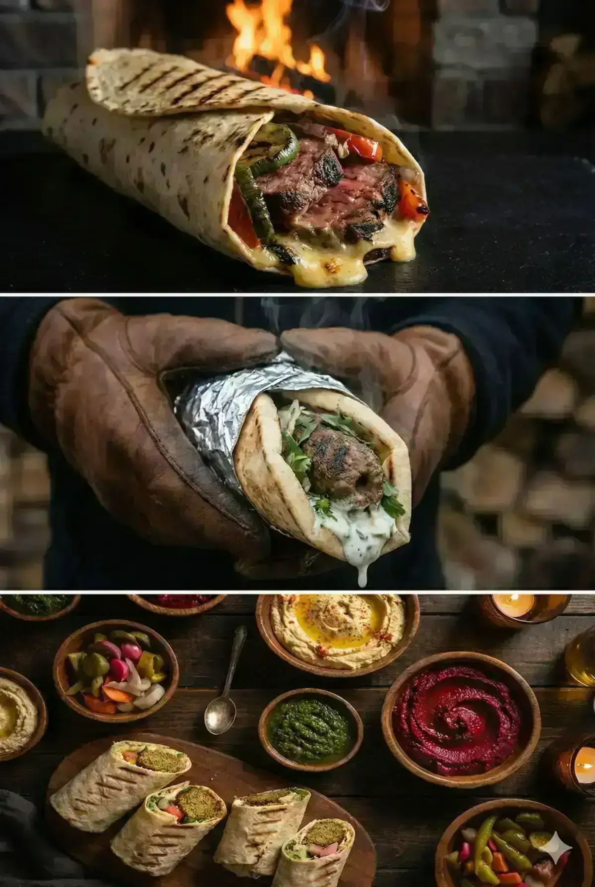 cinematic food photography scene featuring gourmet grilled wraps and sandwiches filled with juicy char-grilled meat