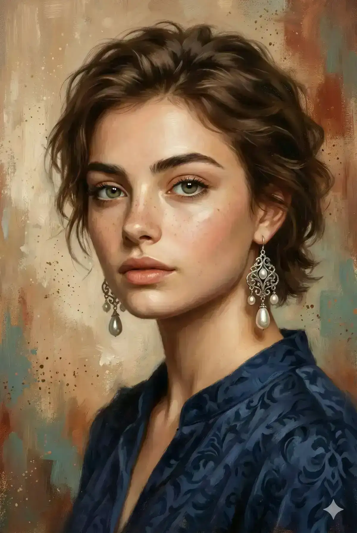A painterly fine-art portrait of a young woman with short tousled brown hair and soft freckles