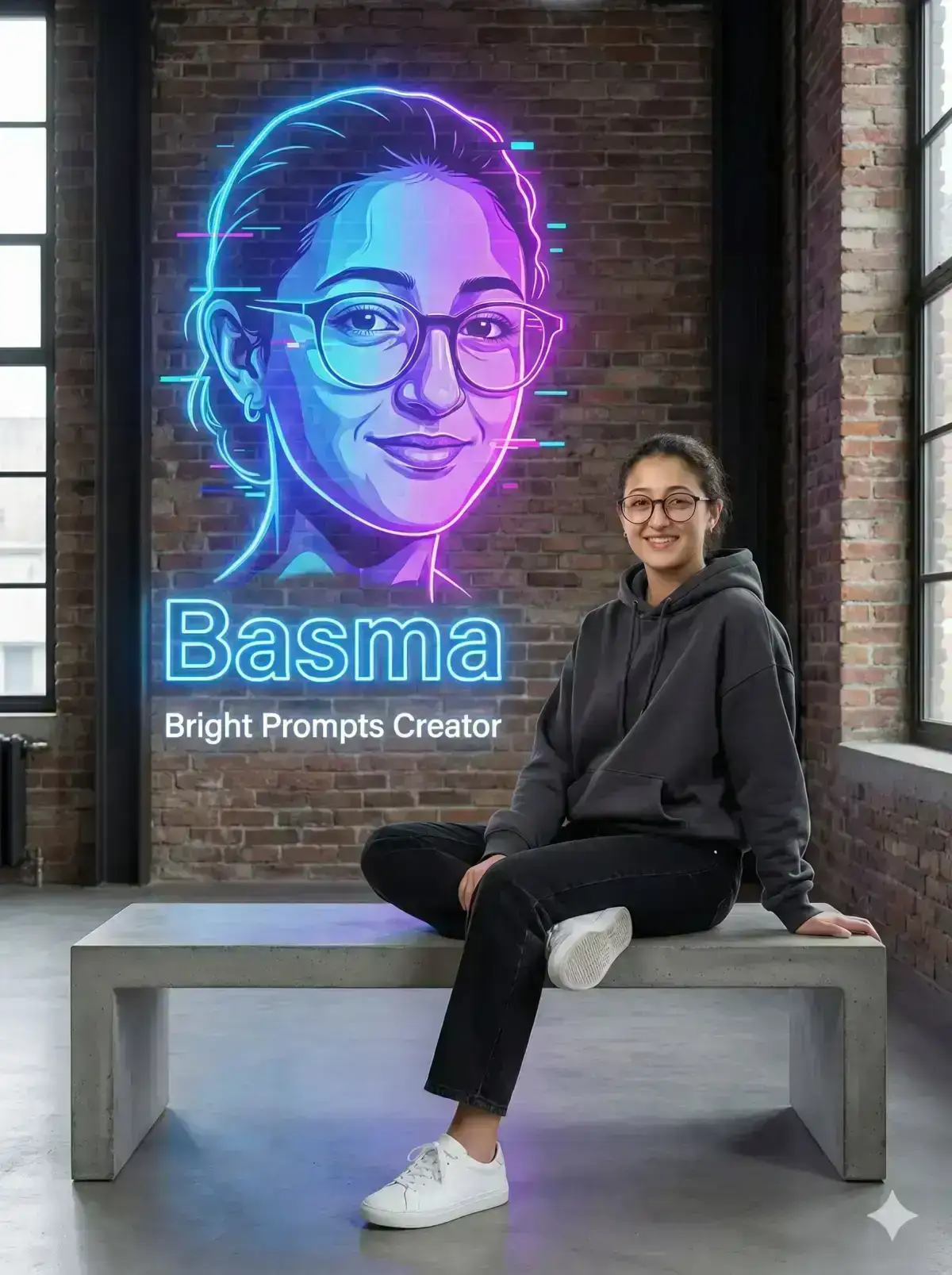 woman from the reference photo, wearing a premium charcoal oversized hoodie, black high-waisted designer jeans