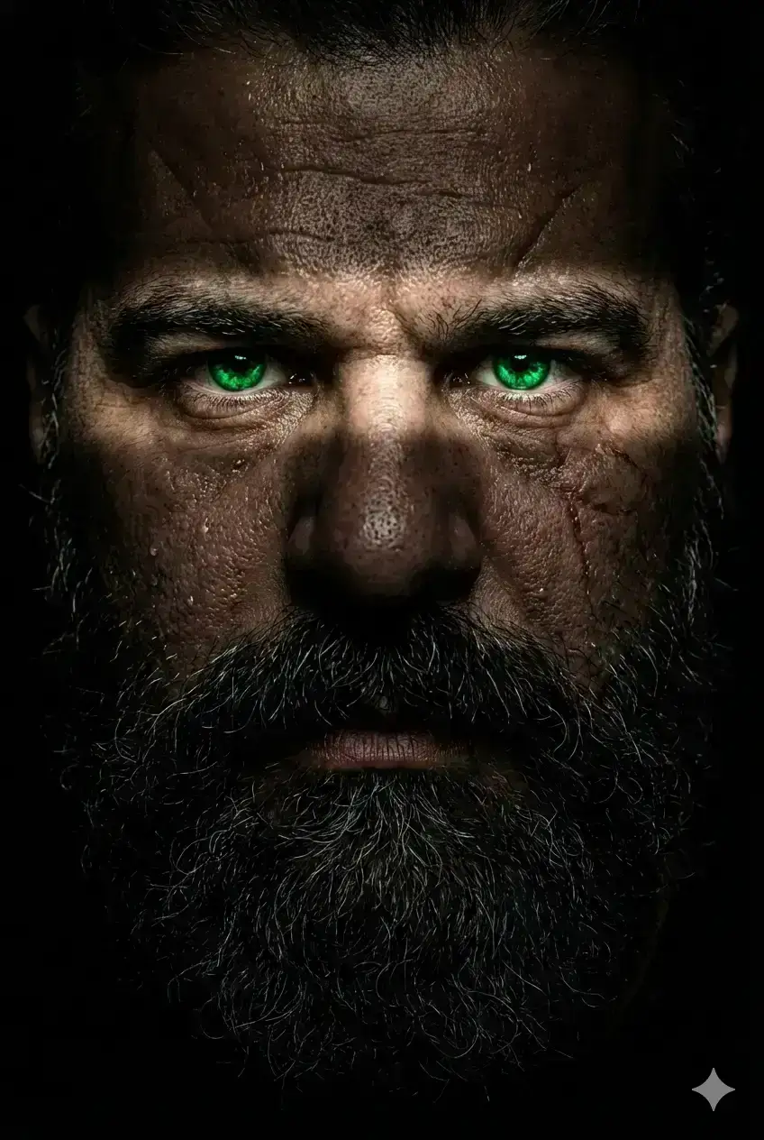 close-up portrait of a rugged, weathered older man with a massive, dark, grizzled beard and deeply furrowed brow