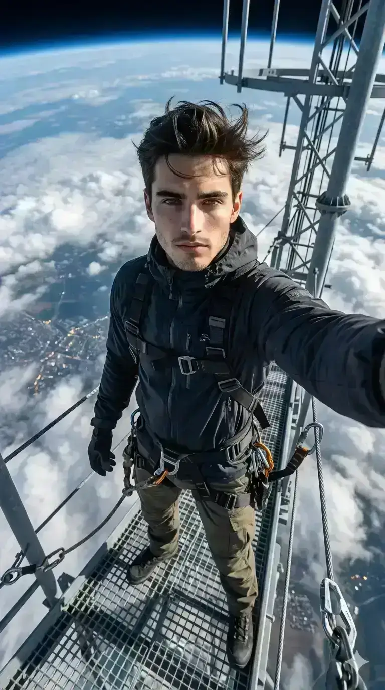 The character is standing on top of a gigantic antenna 