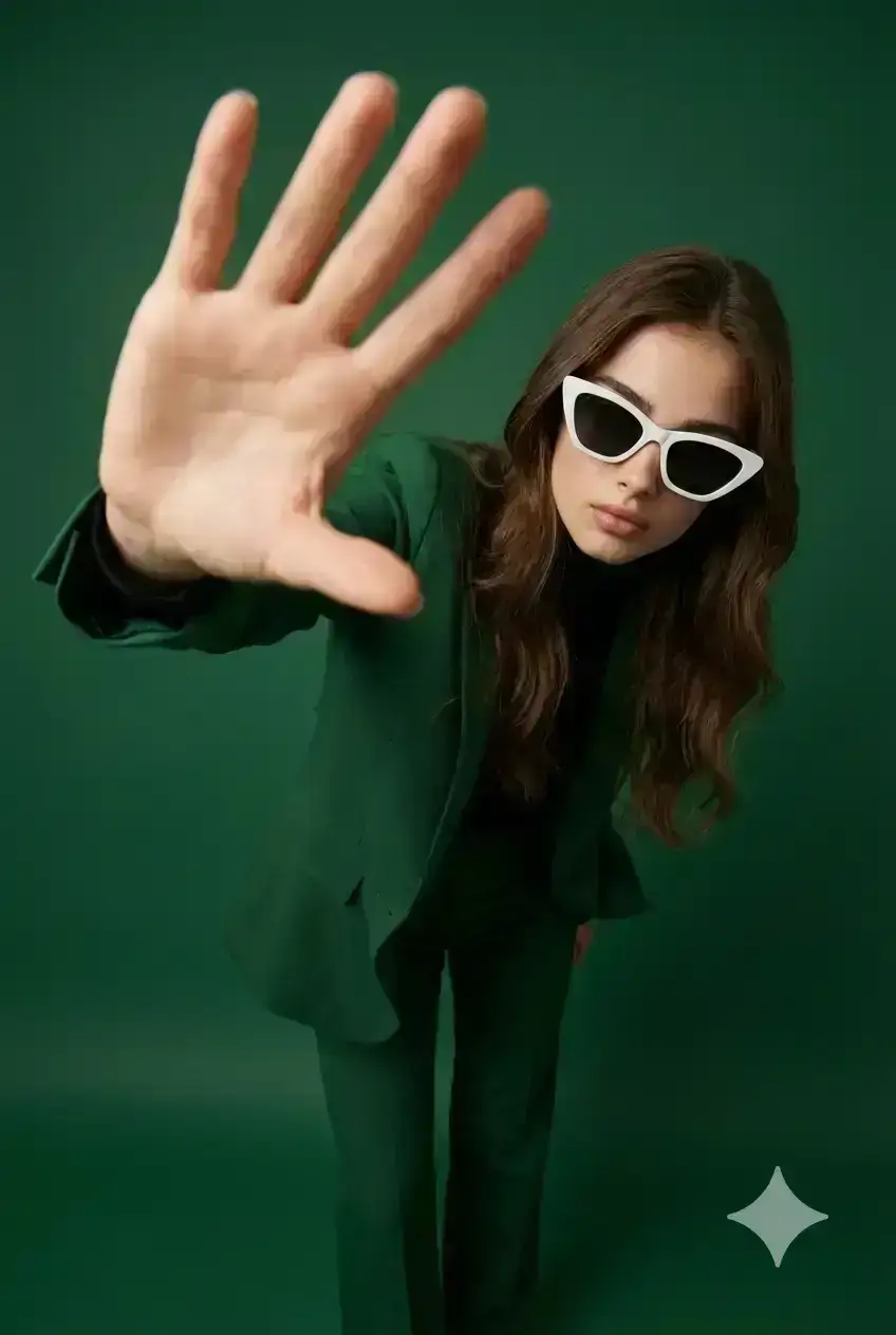 High-fashion studio portrait of a stylish woman wearing a dark green tailored suit with a black turtleneck and white cat-eye 