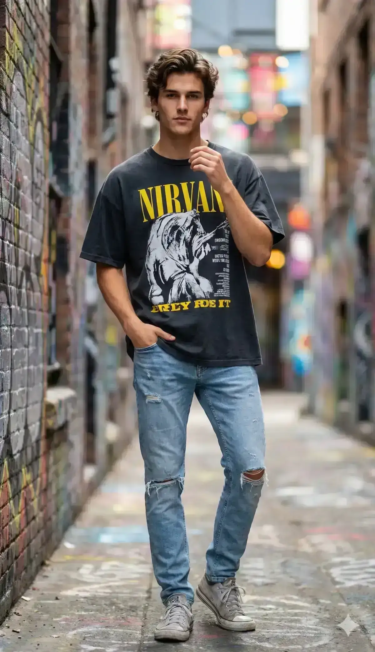 standing confidently in the middle of a narrow urban alleyway covered with colorful graffiti on both walls. 