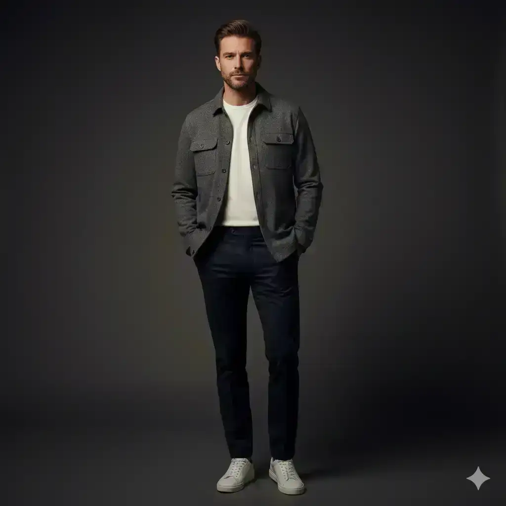 portrait of an average British man He stands confidently with a relaxed posture