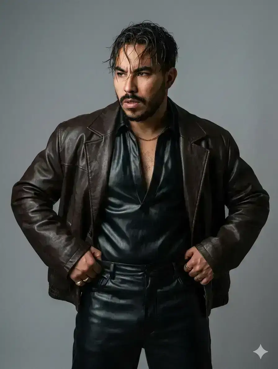 fashion editorial photo, medium-full portrait from mid-thigh up, eye-level with slight telephoto compression, subject centered with generous negative space, a man with wet-look tousled hair