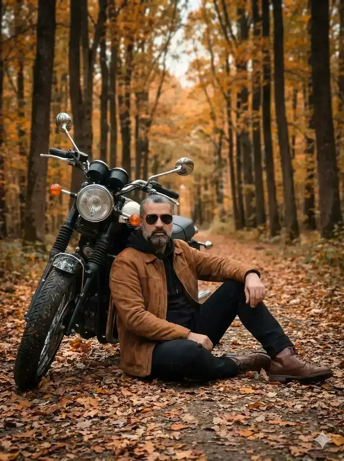 cinematic autumn portrait of a stylish man sitting on a forest path covered with fallen leaves, leaning against a vintage motorcycle