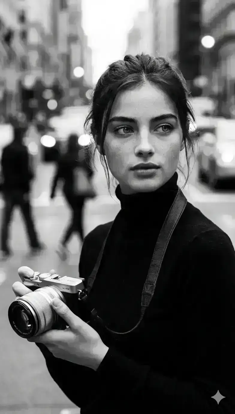 black-and-white street portrait of a young woman photographer standing in a city 