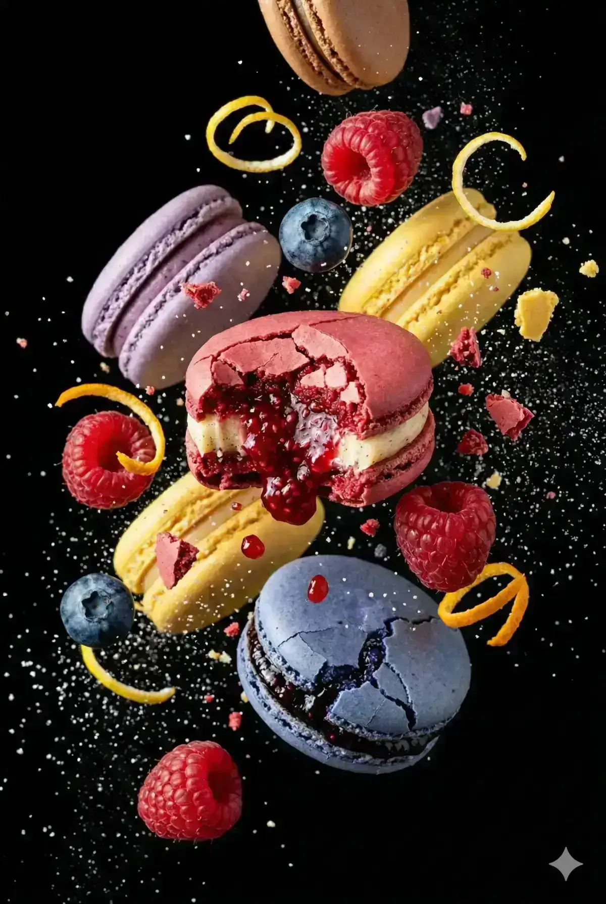 floating macarons with cracked shells revealing rich jam/cream filling, fresh raspberries, blueberries
