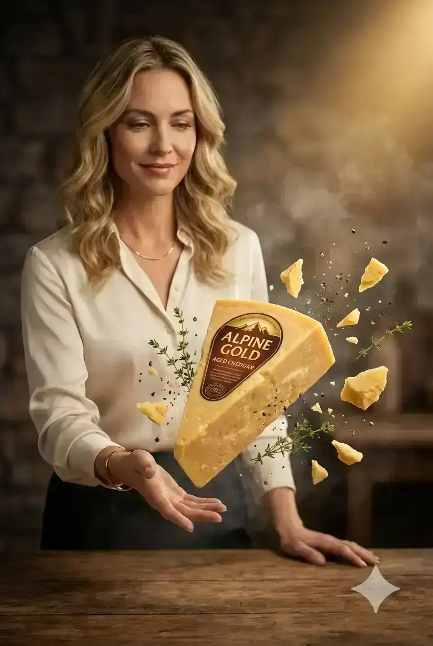product photography of a floating cheese wedge package labele