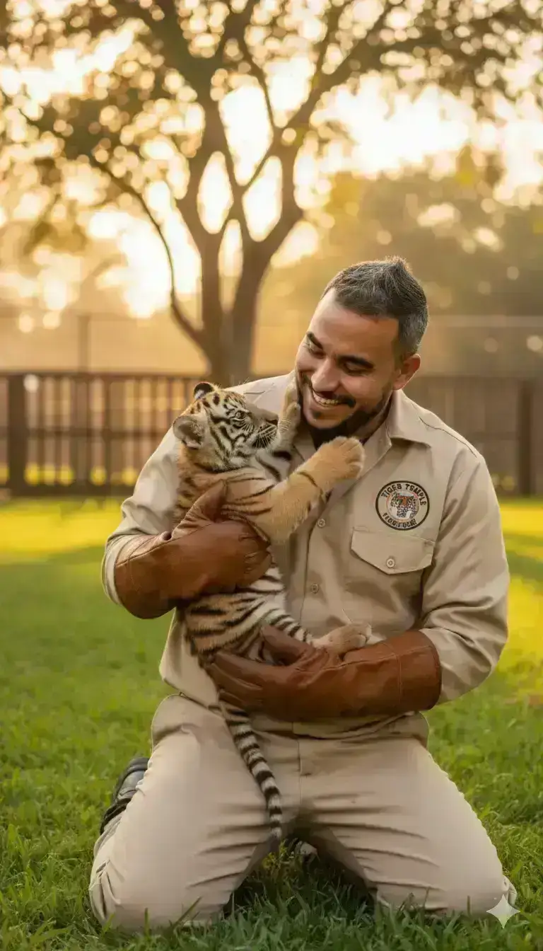 Golden Hour Cuddle: Zookeeper and Tiger Cub