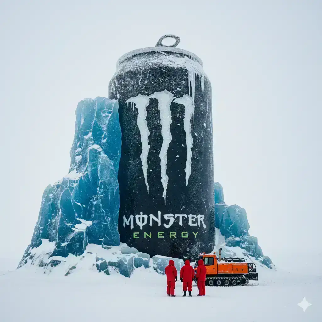 A massive Monster Energy can standing vertically like an arctic monument