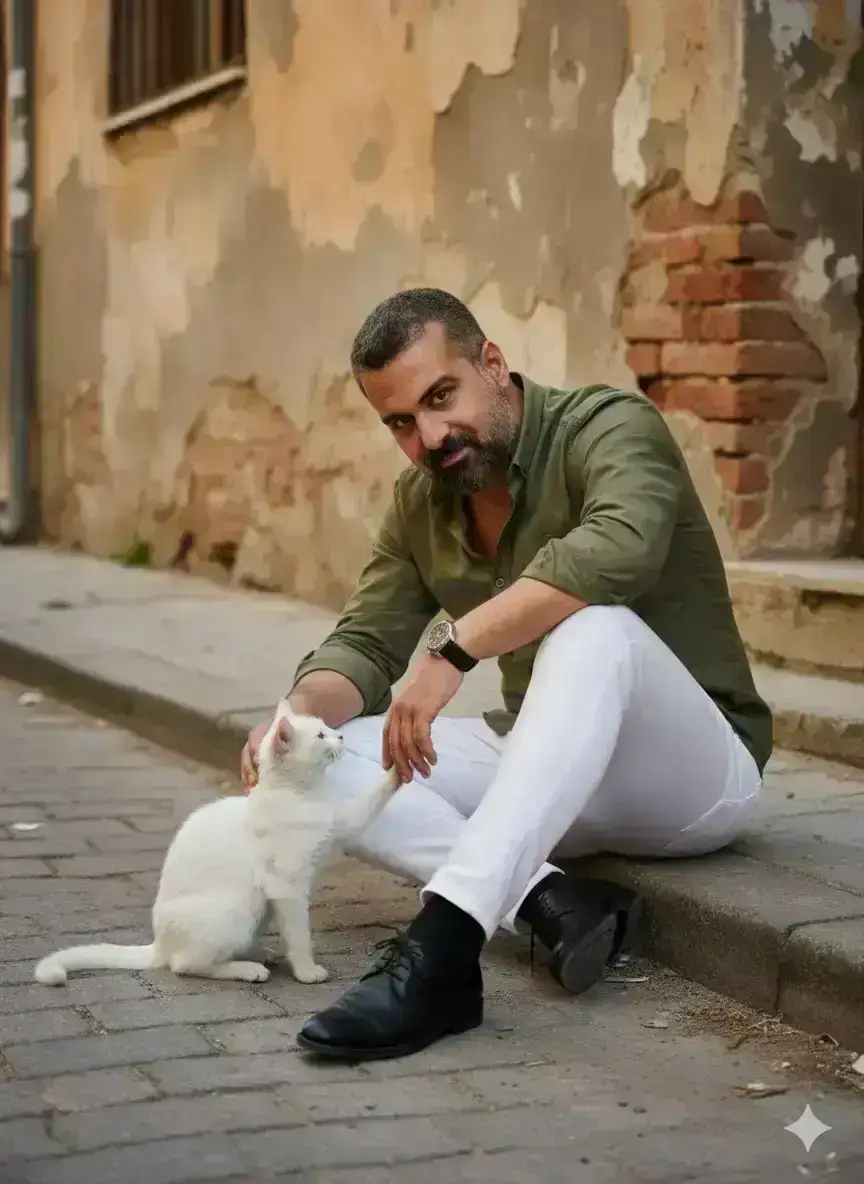 sitting comfortably on his feet on a street, leaning slightly toward a cute white cat sitting beside him. 