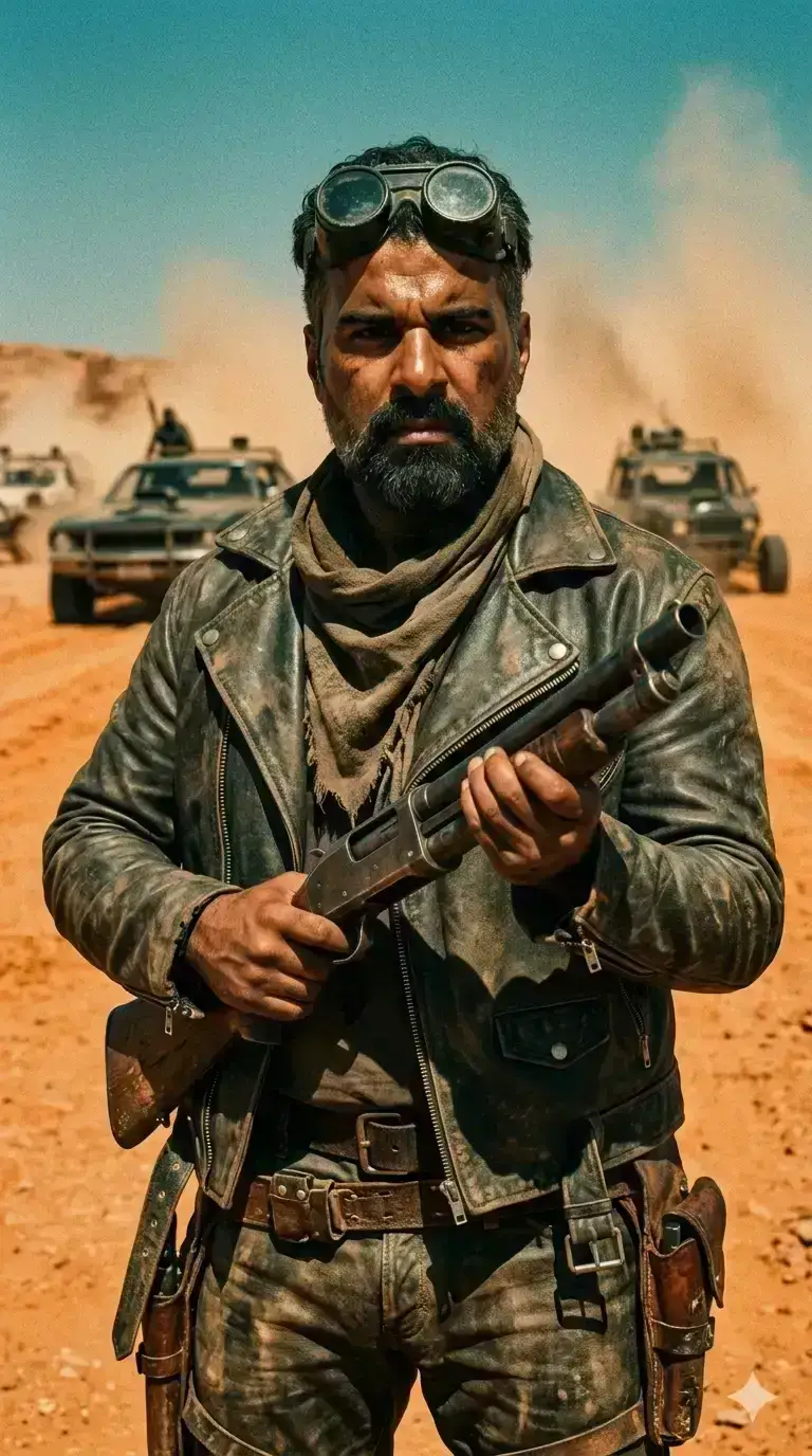 Three-quarter body portrait, vertical. Torso angled sideways, head toward camera. Hands gripping a rugged improvised shotgun at waist level. Wasteland survivor 