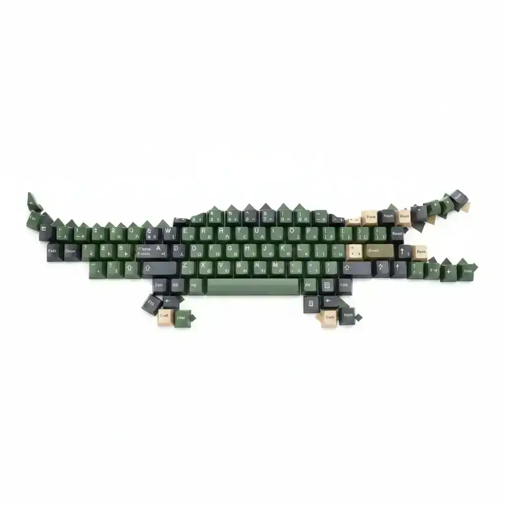 A mix of forest green, deep charcoal, and sandy beige PBT keycaps