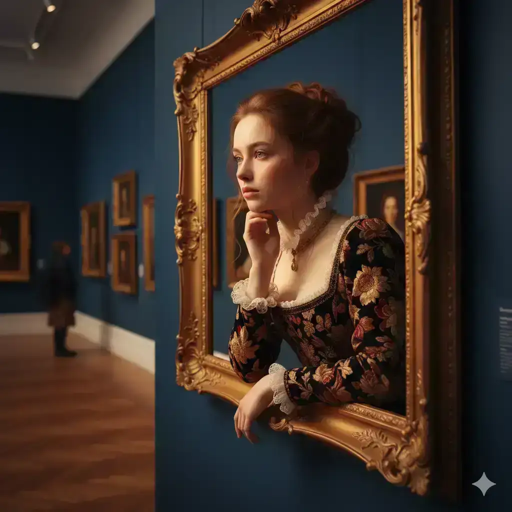  young woman emerging from an ornate golden picture frame mounted on a deep blue gallery wall
