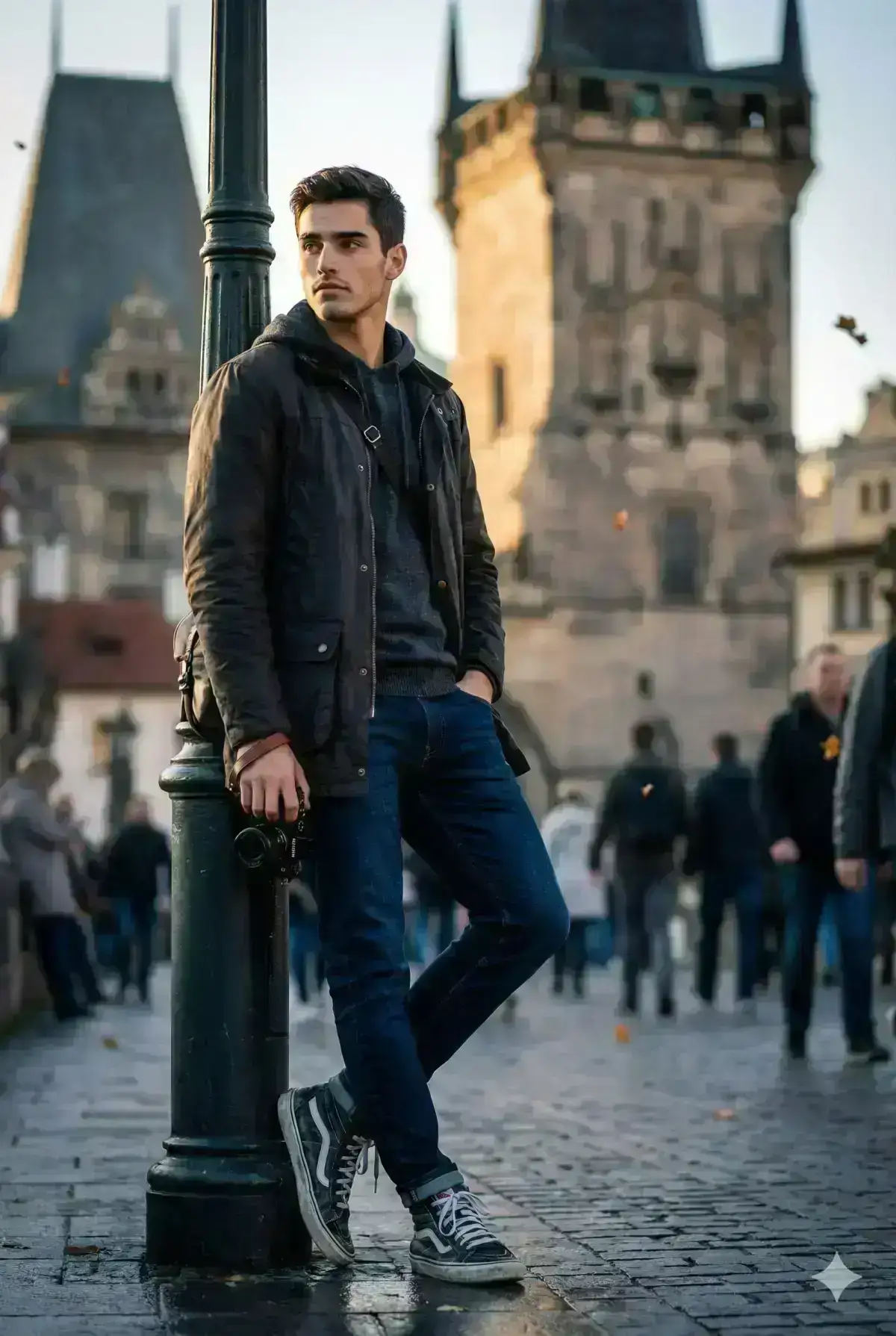 high-end street-photography portrait of a traveler