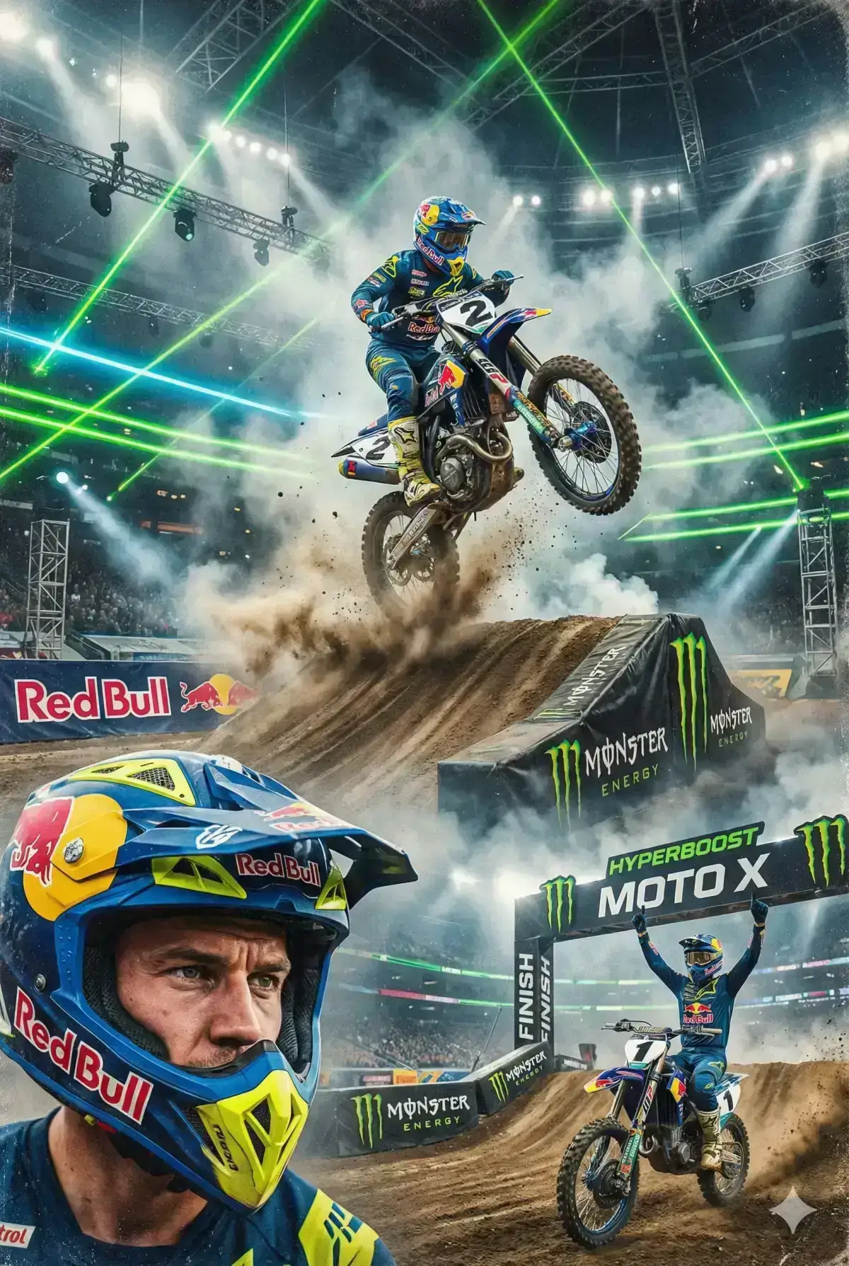 motocross racing scene featuring a professional dirt bike rider performing extreme stunts inside a massive indoor stadium