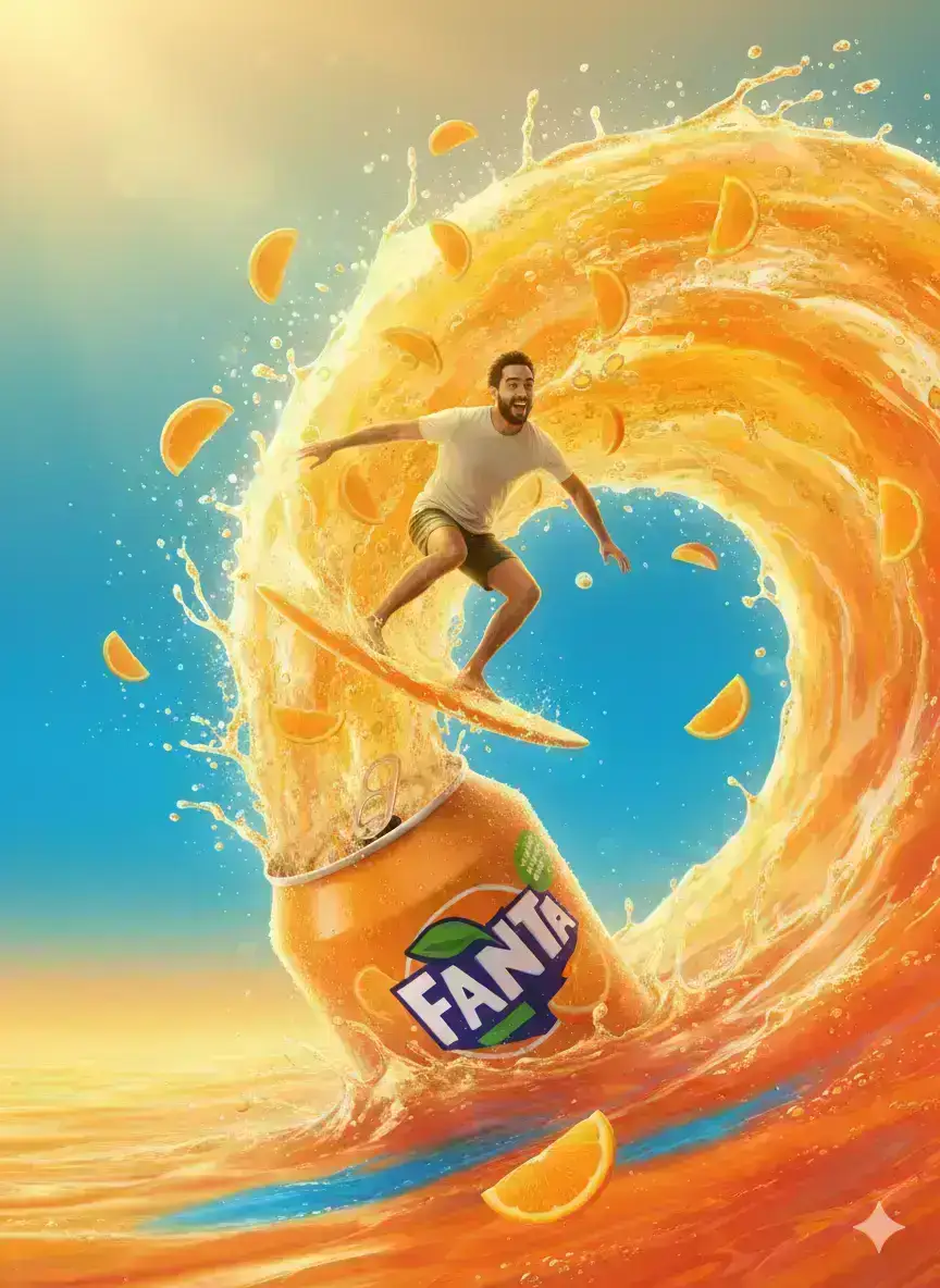 A vibrant fantasy-style soda commercial