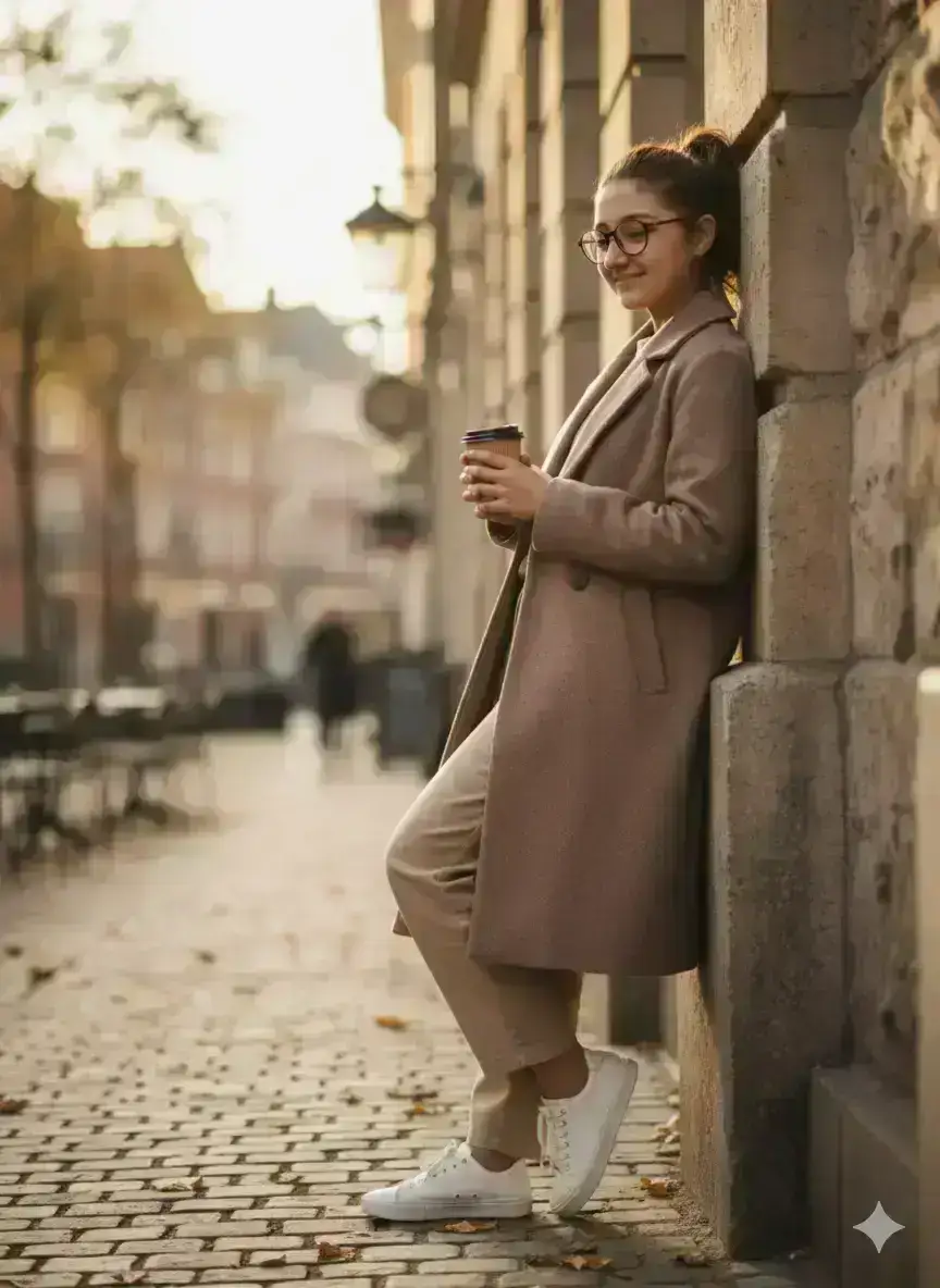 young woman in a taupe wool coat and beige trousers