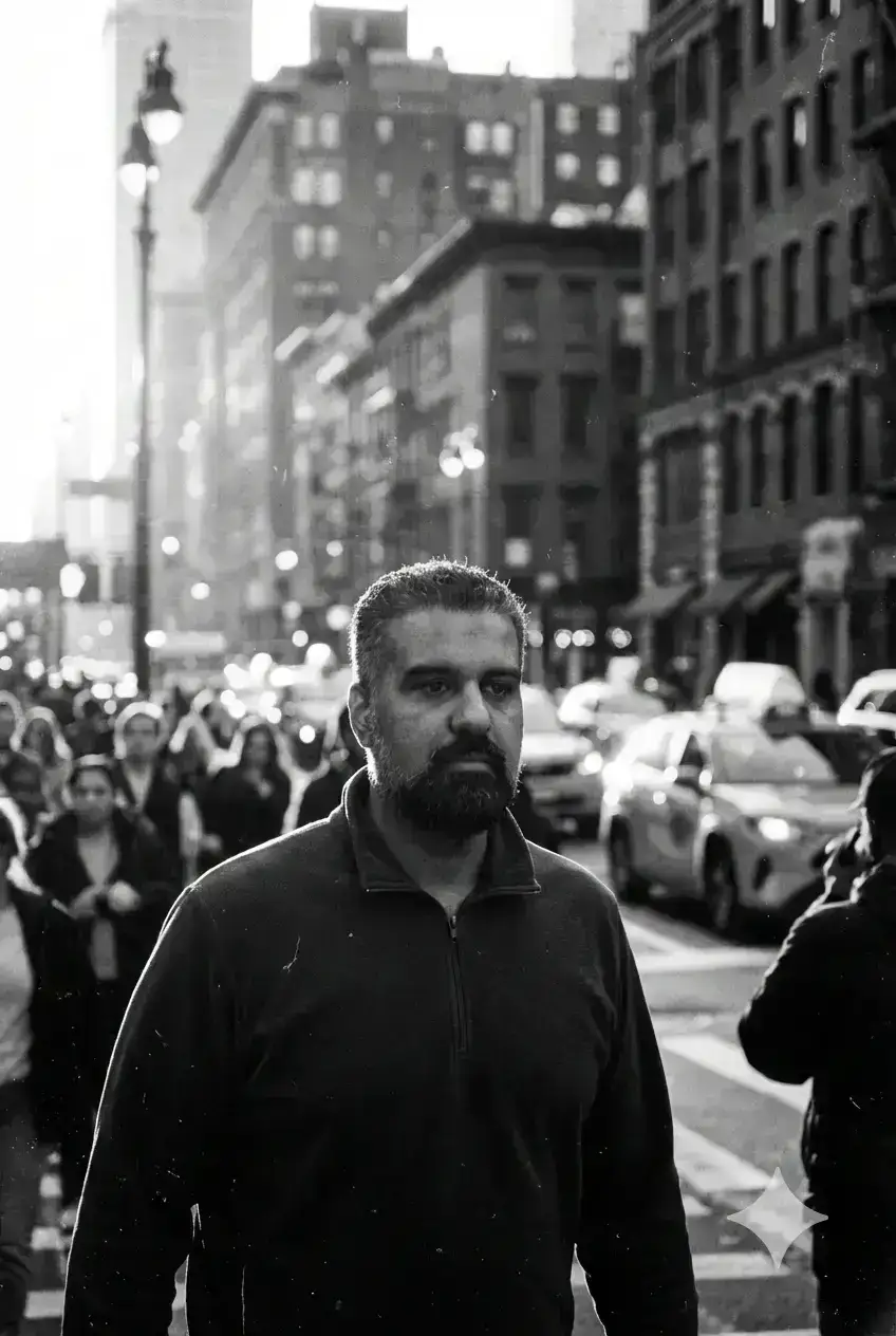 black and white street portrait in New York City, golden hour, sun bokeh, street life