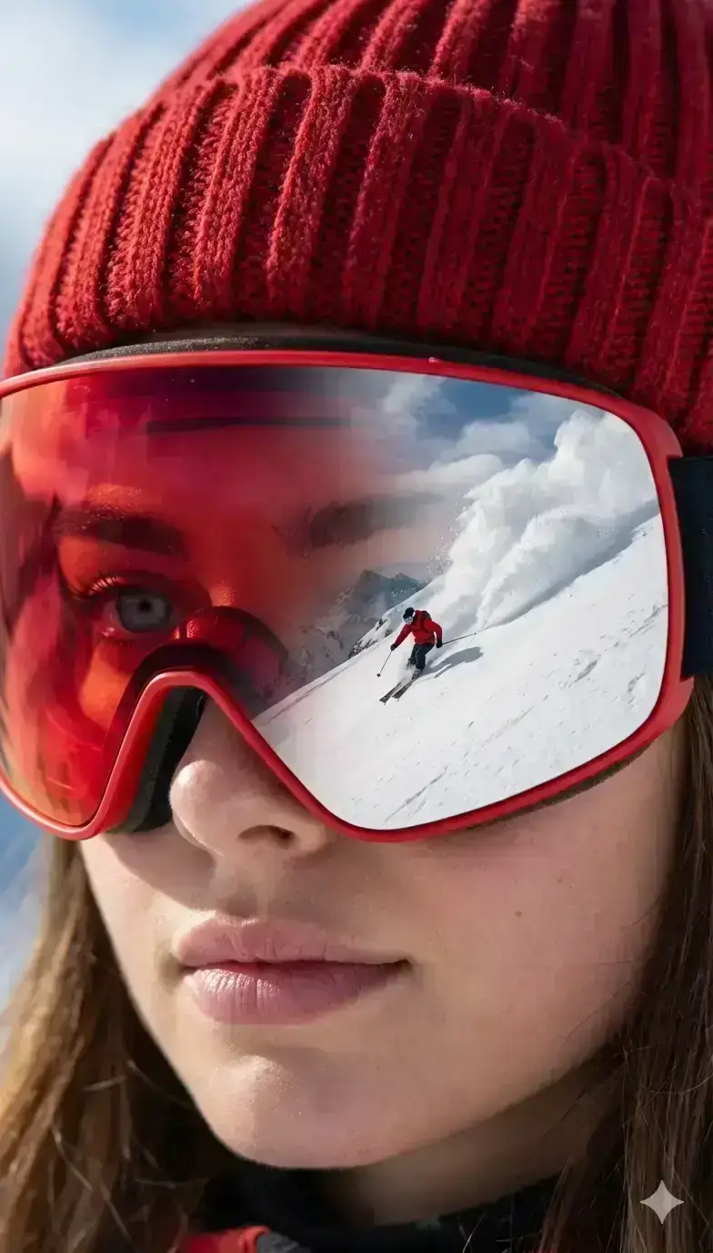 Extreme close-up of a beautiful woman wearing bold red sunglasses and a red knit beanie, snow-covered mountain reflected in her lenses where a skier races downhill as a massive avalanche follows behind.